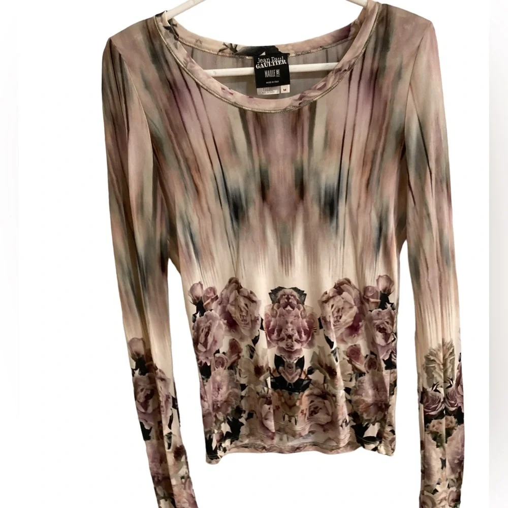 Jean Paul Gaultier vintage long sleeve top w/roses, burgundy, black, tan - med.
